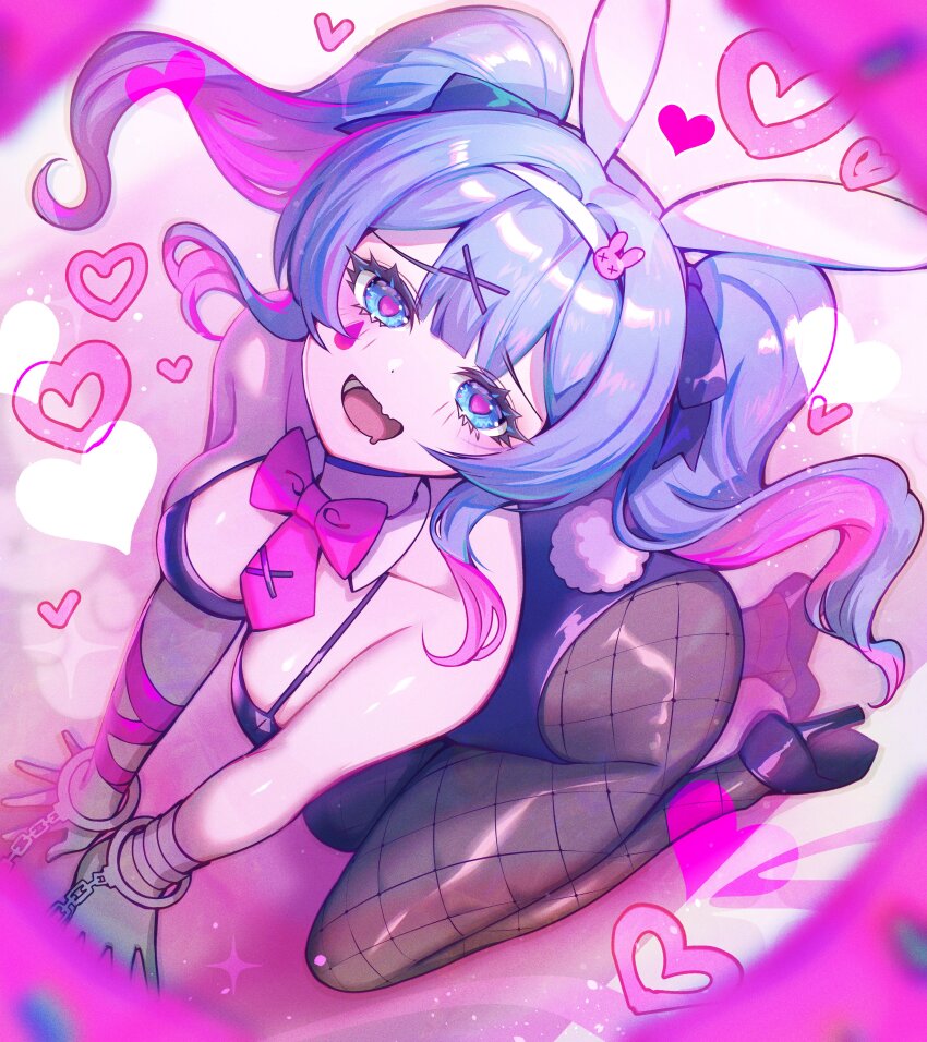 1girl, absurdres, animal_ears, bare_arms, bare_shoulders, bdsm, black_leotard, blue_eyes, blue_hair, blurry, blurry_foreground, bondage, bound, bow, bowtie, breasts, cuffs, detached_collar, fake_animal_ears, fake_tail, fishnet_pantyhose, fishnets, handcuffs, hatsune_miku, heart, heart-shaped_pupils, high_heels, highres, kneeling, kozou_kazaru, large_breasts, leotard, long_hair, looking_at_viewer, looking_through_donut, looking_up, medium_hair, necktie, pantyhose, pink_bow, pink_bowtie, pink_necktie, playboy_bunny, rabbit_ears, rabbit_hole_(vocaloid), rabbit_tail, restrained, saliva, solo, spaghetti_strap, symbol-shaped_pupils, tail, twintails, vocaloid