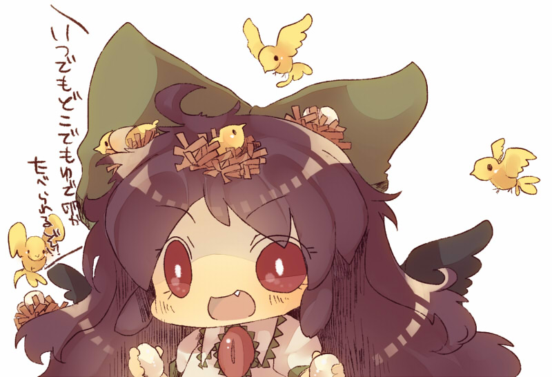 1girl, bad_id, bad_pixiv_id, bird, brown_hair, chibi, egg, fang