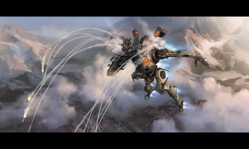 cloud, commentary, english_commentary, flying, gun, hethe_srodawa, holding, holding_gun, holding_weapon, letterboxed, looking_down, mecha, mecha_focus, missile_pod, mountain, no_humans, northstar_(titanfall), official_art, open_hand, pr-01_plasma_railgun, robot, science_fiction, smoke, smoke_trail, titan_(titanfall), titanfall_(series), titanfall_2, weapon