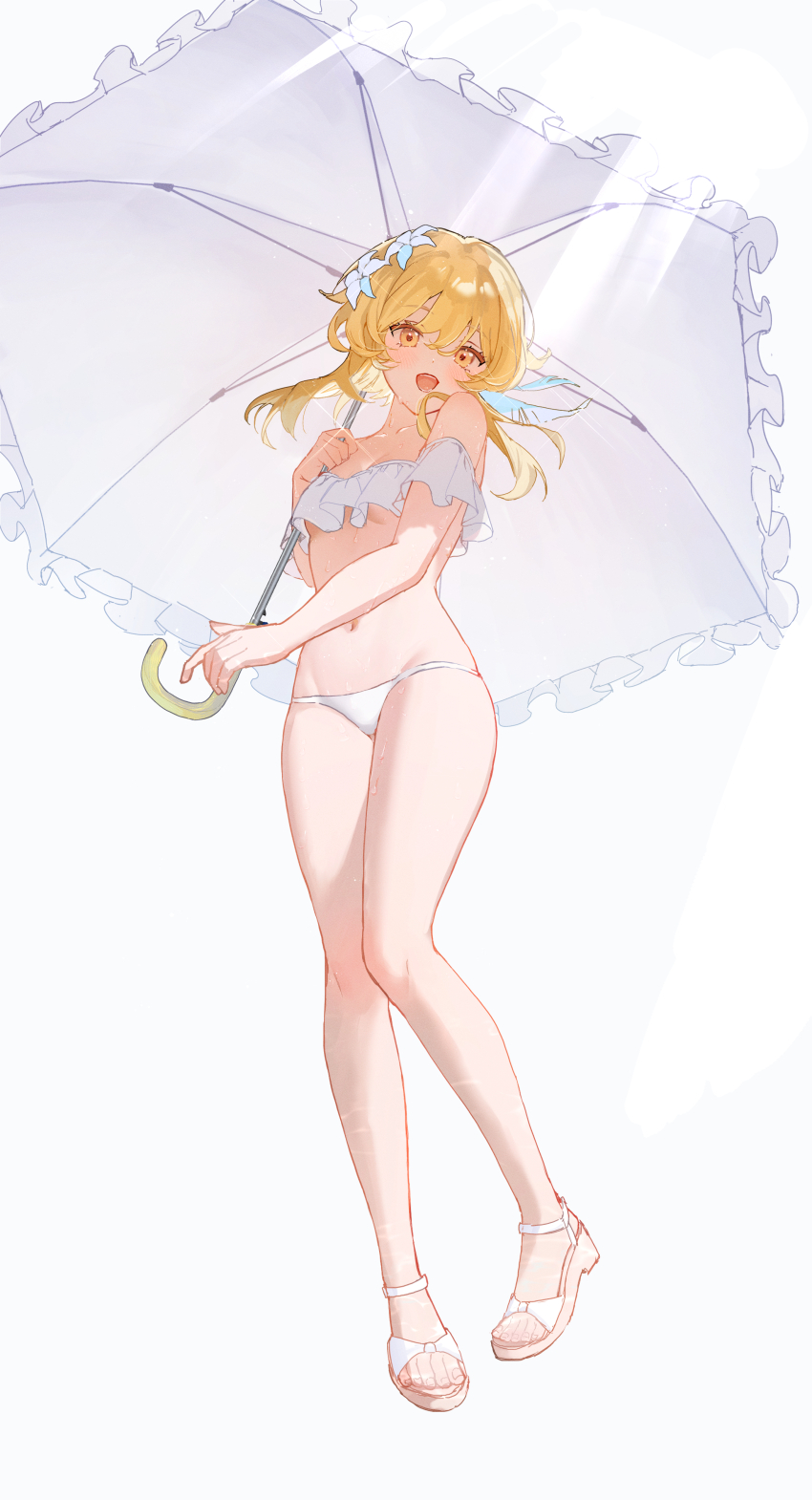 1girl, absurdres, alternate_costume, bare_legs, bikini, blonde_hair, breasts, flower