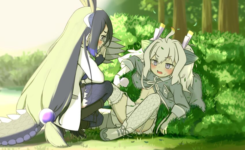 2girls, animal_ears, black_dragon_(kemono_friends), black_footwear, black_gloves, black_hair, black_skirt, blue_hair