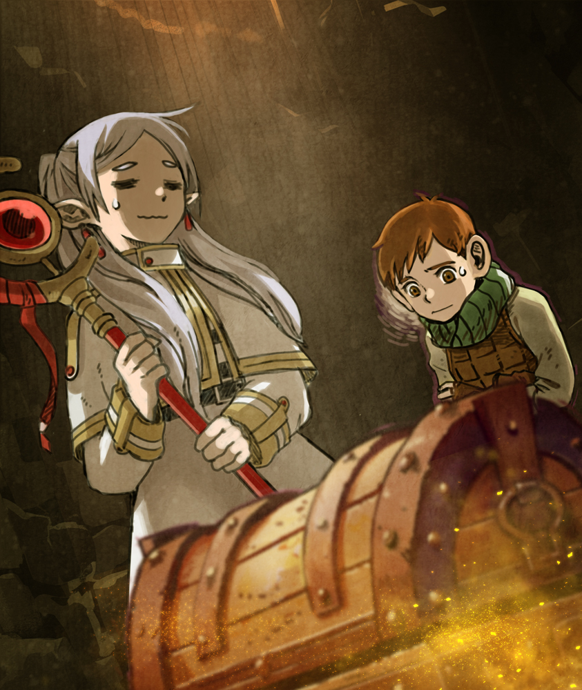 1boy, 1girl, =_=, armor, brown_hair, capelet, chilchuck_tims, crossover, dungeon_meshi, earrings, elf, floating_earrings, frieren, gold_trim, green_scarf, hair_over_shoulder, holding, holding_staff, indoors, jewelry, kjk_kat12349, leather_armor, long_sleeves, mage_staff, nervous, parted_bangs, pointy_ears, scarf, season_connection, short_hair, sleeve_cuffs, sousou_no_frieren, staff, standing, treasure_chest, twintails, upper_body, wavy_mouth, white_capelet