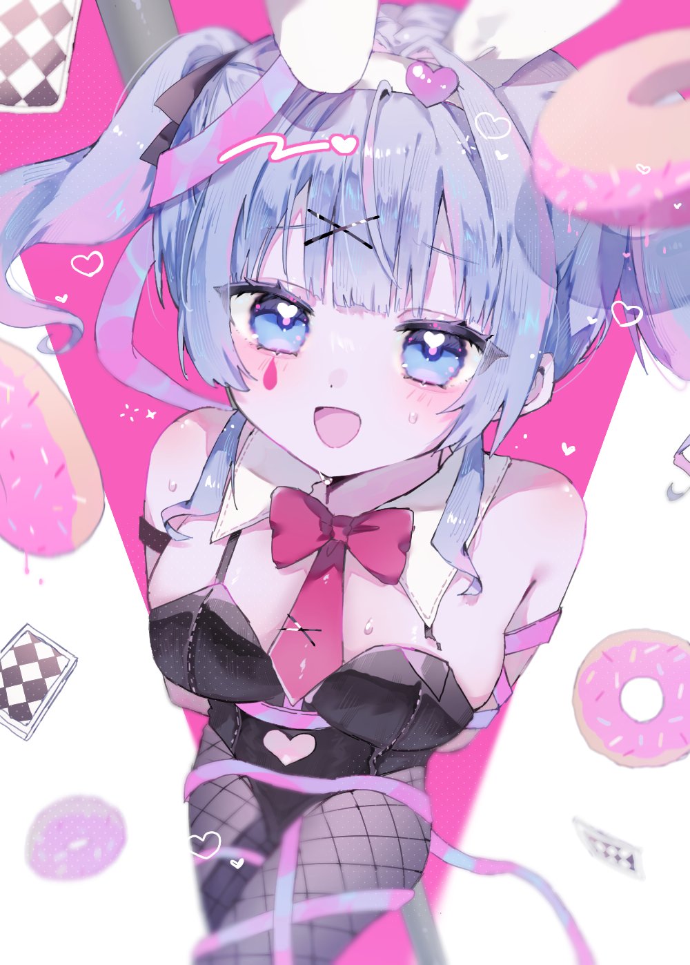1girl, :d, aegyo_sal, animal_ears, black_leotard, black_pantyhose, black_ribbon, blue_eyes, blue_hair, bound, bow, bowtie, breasts, card, cleavage, closed_mouth, clothing_cutout, detached_collar, donut, facial_mark, fake_animal_ears, fishnet_pantyhose, fishnets, food, hair_ornament, hair_ribbon, hairband, hatsune_miku, heart_cutout, highres, hiro_0607, leotard, medium_breasts, medium_hair, open_mouth, pantyhose, pink_bow, pink_bowtie, pink_ribbon, playboy_bunny, playing_card, rabbit_ears, rabbit_hole_(vocaloid), ribbon, smile, solo, spaghetti_strap, sweatdrop, teardrop_facial_mark, twintails, vocaloid, white_hairband, x_hair_ornament