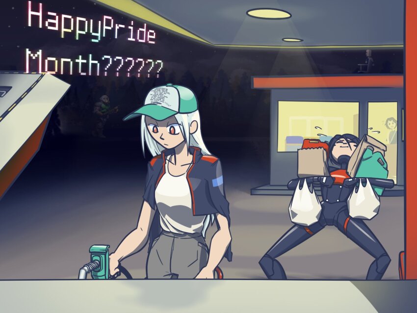 2girls, 3boys, adapted_costume, android, ariane_yeong, bag, black_hair, can, casual, convenience_store, doom_(series), doomguy, elster_(signalis), english_text, flying_sweatdrops, forest, gas_can, gas_station, groceries, grocery_bag, highres, holding, holding_bag, holding_can, implied_yuri, jacket, lgbt_pride, maskonions, meme, multiple_boys, multiple_girls, myhouse.wad, nature, night, open_clothes, open_jacket, paper_bag, plastic_bag, pride_month, pump, red_eyes, refueling, shop, shopping_bag, signalis, sky, struggling, white_hair, women_want_me_fish_fear_me_(meme)