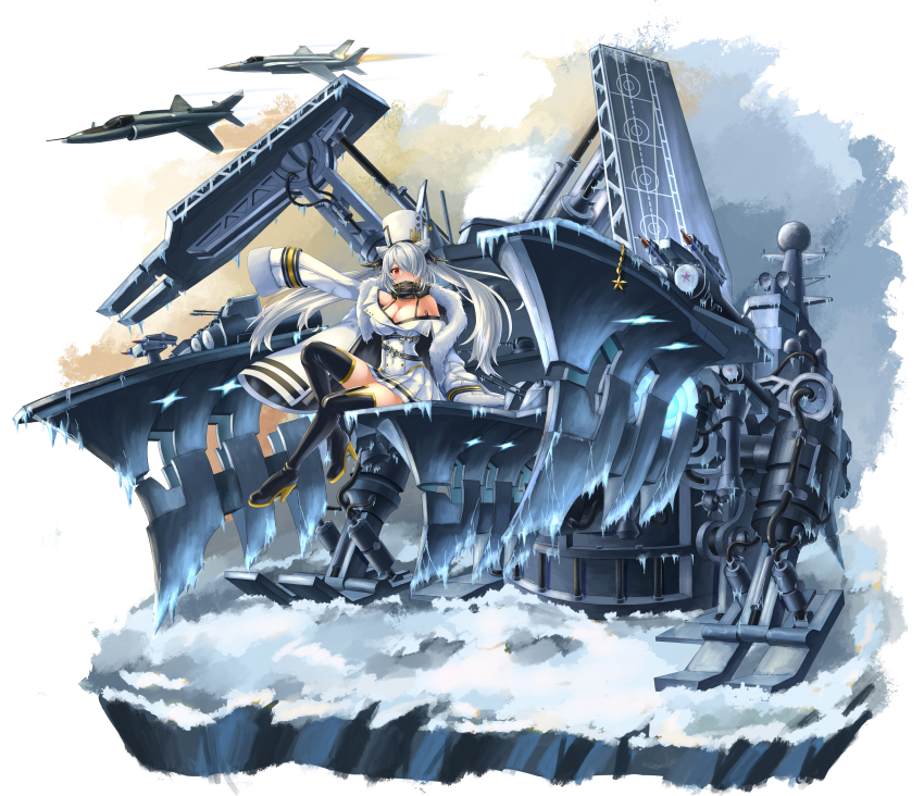 1girl, absurdres, aircraft, airplane, alternate_breast_size, azur_lane, bare_shoulders, belt, black_belt, black_boots, boots, breasts, chinese_commentary, cleavage, flight_deck, fur_trim, hair_over_one_eye, highres, ice, kiev_(aircraft_carrier), kiev_(azur_lane), large_breasts, long_sleeves, looking_at_viewer, miniskirt, pleated_skirt, red_eyes, sitting, skirt, sleeves_past_fingers, sleeves_past_wrists, sn_h2o2, snow, solo, thigh_boots, thighhighs, white_hair, white_skirt, yak-141, yak-38, zettai_ryouiki