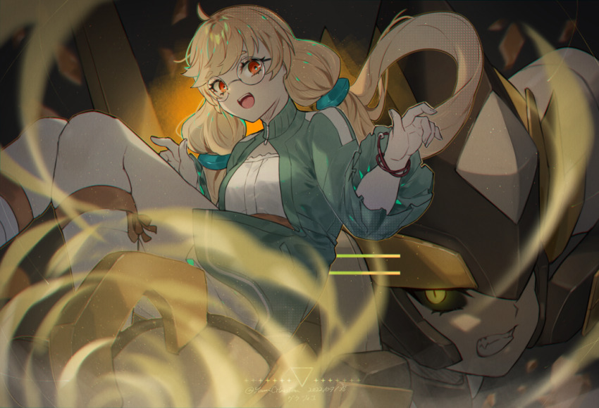 1girl, azure_striker_gunvolt, azure_striker_gunvolt_3, blonde_hair, glasses, grazie_(gunvolt), green_track_suit, track_suit