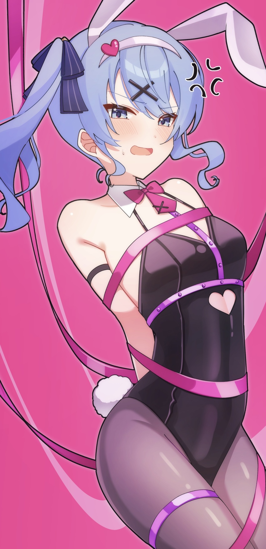 1girl, absurdres, animal_ears, arms_behind_back, black_leotard, black_pantyhose, blue_eyes, blue_hair, blush, bound, breasts, collar, detached_collar, fake_animal_ears, fake_tail, hair_ornament, highres, hololive, hoshimachi_suisei, leotard, long_hair, looking_at_viewer, one_side_up, open_mouth, pantyhose, pink_background, playboy_bunny, rabbit_ears, rabbit_hole_(vocaloid), rabbit_tail, small_breasts, solo, strapless, strapless_leotard, tail, tsumurimai, virtual_youtuber, vocaloid, white_collar, x_hair_ornament
