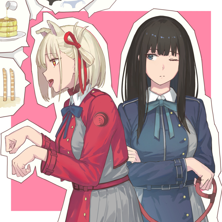 2girls, animal_ears, black_hair, blonde_hair, blue_dress, blue_eyes, blue_ribbon, border