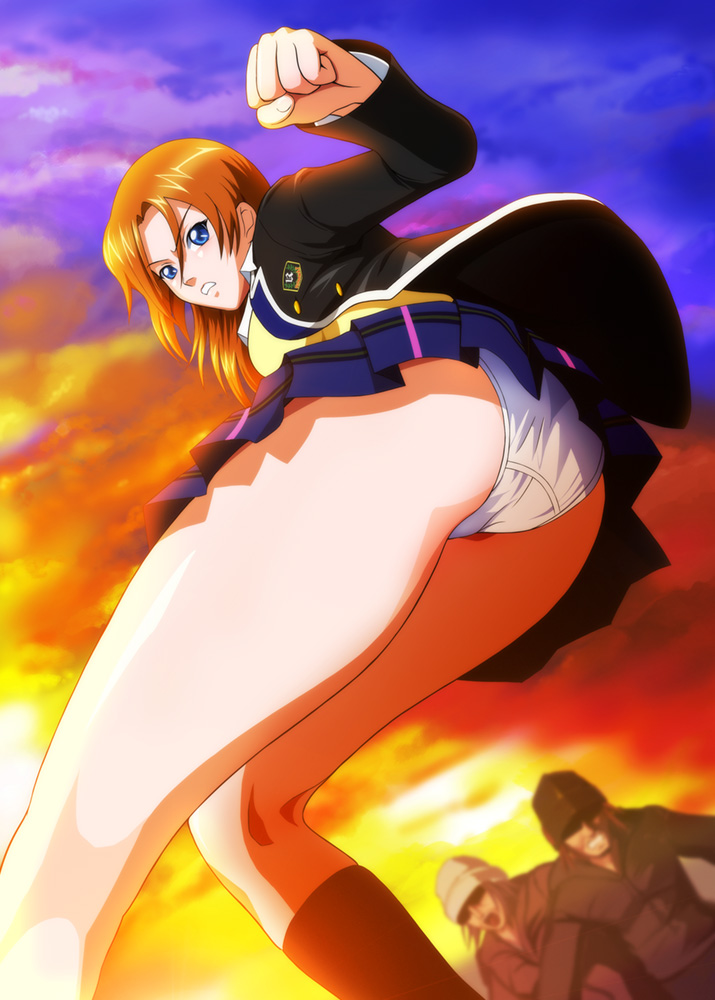angry, ass, blazer, blue_eyes, clenched_hand, delinquent, from_below, jacket, orange_hair, panties, pantyshot, plaid_clothes, plaid_skirt, pleated_skirt, ryuukouji_kai, school_uniform, shopyun, skirt, socks, sunset, tokimeki_memorial, tokimeki_memorial_4, underwear, upskirt