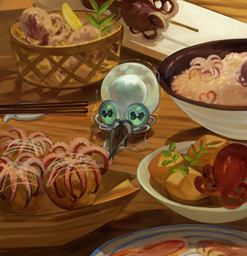 absurdres, bowl, cephalopod_eyes, chopsticks, commentary_request, food, green_eyes, highres