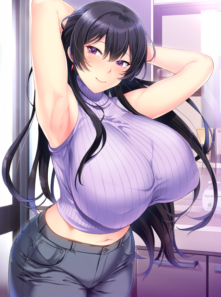 1girl, armpits, arms_up, bathroom, black_hair, black_pants, blush, breasts, closed_mouth, dakikano, denim, fukami_arisa, hair_between_eyes, highres, huge_breasts, indoors, jeans, long_hair, looking_at_viewer, mature_female, mdf_an, mirror, navel, pants, purple_eyes, ribbed_sweater, sidelocks, sleeveless, sleeveless_turtleneck, smile, solo, standing, sweater, turtleneck, turtleneck_sweater