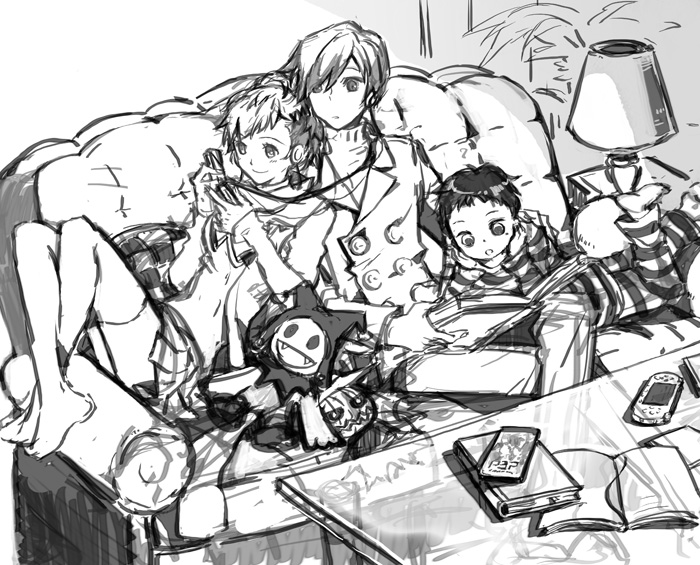 1girl, 2boys, atlus, bad_id, book, casual, character_doll, couch, crossed_ankles, doll, earphones, greyscale, handheld_game_console, jack_frost_(megami_tensei), lovechro, monochrome, multiple_boys, persona, persona_3, persona_3_portable, pharos, playstation_portable, pyro_jack, ron_(lovechro), shared_earphones, shiomi_kotone, thighhighs, yuuki_makoto_(persona_3)