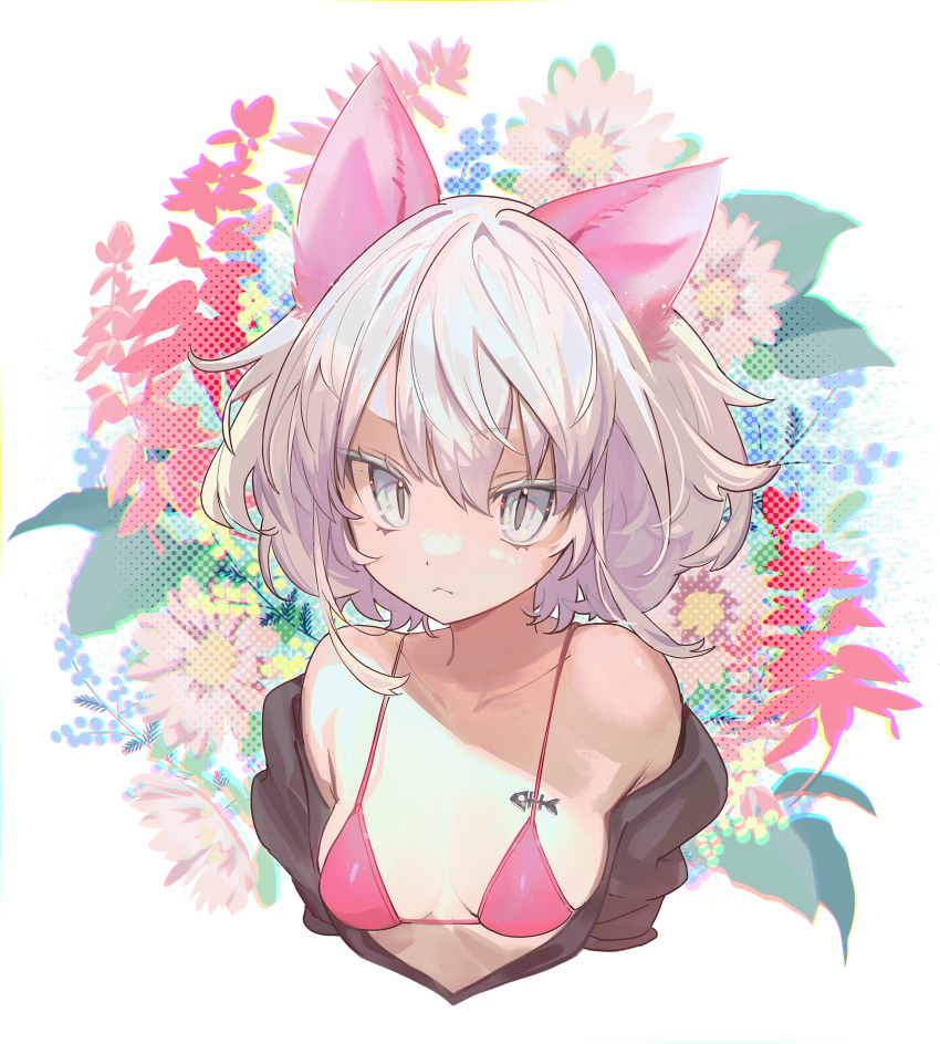 1girl, :<, absurdres, animal_ears, bikini, breast_tattoo, breasts, cat_ears, cat_girl, cropped_torso, flower, highres, motsuni-komi, off_shoulder, original, slit_pupils, small_breasts, solo, swimsuit, tattoo, white_eyes, white_hair