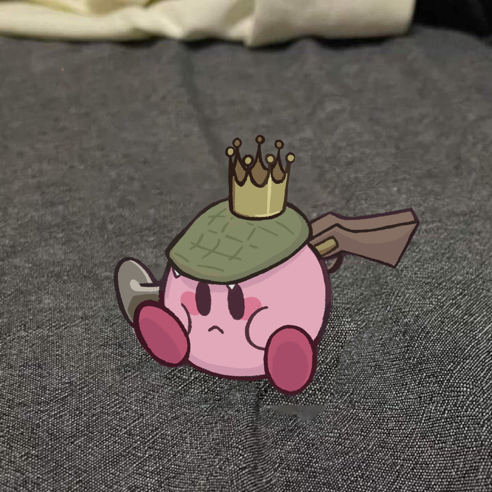 :<, antique_firearm, blunderbuss, blush_stickers, colored_skin, copy_ability, cosplay, crown, donkey_kong_(series), donkey_kong_country, firearm, gun, king_k._rool, king_k._rool_(cosplay), kirby, kirby_(series), meme, nintendo, no_humans, photo-referenced, photo_background, pink_skin, sitting, sitting_baby_alligator_(meme), solid_oval_eyes, solo, starroad, super_smash_bros., weapon