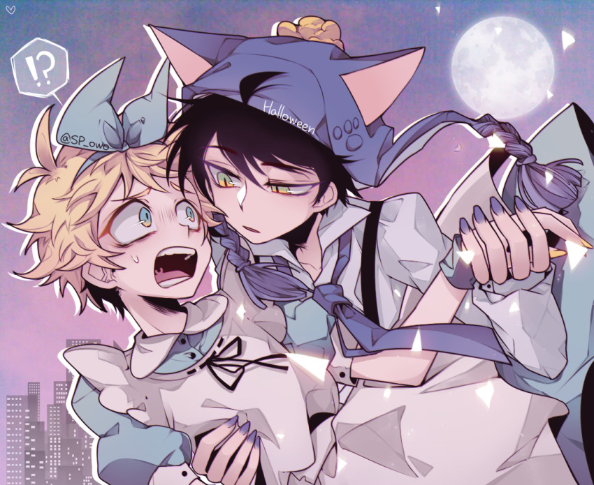 !?, 2boys, alice's_adventures_in_wonderland, alice_(alice_in_wonderland), alice_(alice_in_wonderland)_(cosplay), animal_ears, animal_hat, apron, bow_hairband, cat_ears, cat_hat, chullo, collared_dress, collared_shirt, commentary, cosplay, craig_tucker, crossdressing, crossdressing_(mtf), dress, fake_animal_ears, full_moon, green_eyes, hairband, halloween_(owo), hat, holding_hands, long_sleeves, looking_at_another, male_focus, messy_hair, moon, multiple_boys, nail_polish, necktie, open_mouth, puffy_short_sleeves, puffy_sleeves, shirt, short_hair, short_sleeves, slit_pupils, south_park, sweat, tweek_tweak, wrist_cuffs, yaoi