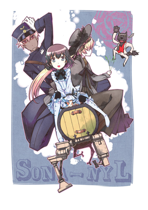 1boy, 2girls, a_(shiei_no_sona-nyl), akiduki_ryou, akizuki_ryou_(gakuen_kumikyoku), blonde_hair, blue_eyes, boots