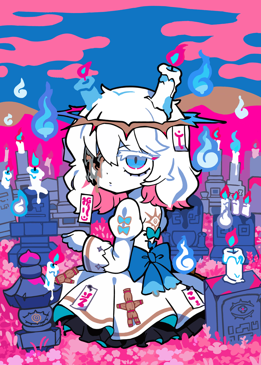 1girl, back_bow, black_eyeshadow, blue_bow, blue_eyes, blue_sky, bow, candle, candle_hair_ornament, colored_eyelashes, colored_skin, cover, cover_page, crown_of_thorns, dress, eyeshadow, flower, frilled_dress, frills, from_behind, ghost, grave, graveyard, hand_up, highres, hitodama, makeup, mountain, multicolored_hair, one_eye_covered, original, pink_clouds, pink_flower, pink_hair, puffy_sleeves, short_hair, sitting, sky, solo, terada_tera, tombstone, two-tone_hair, voodoo_doll, white_dress, white_hair, white_skin