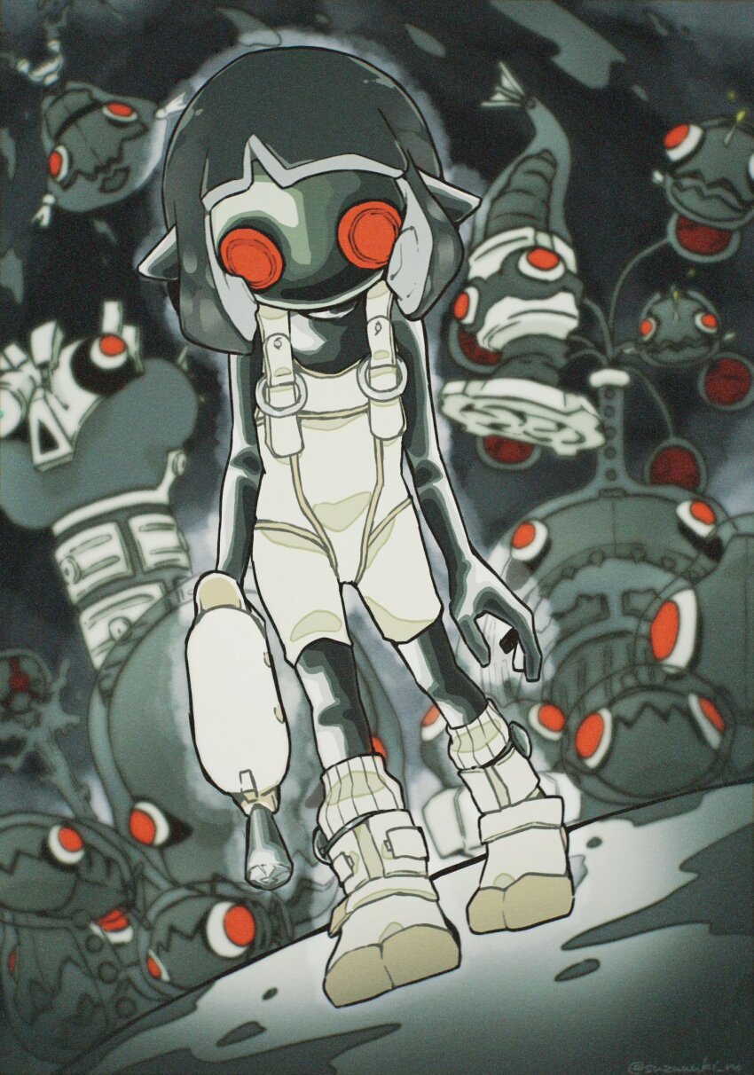 1girl, battering_lento, black_hair, bodysuit, boots, colored_skin, commentary_request, drizzling_cappriccioso