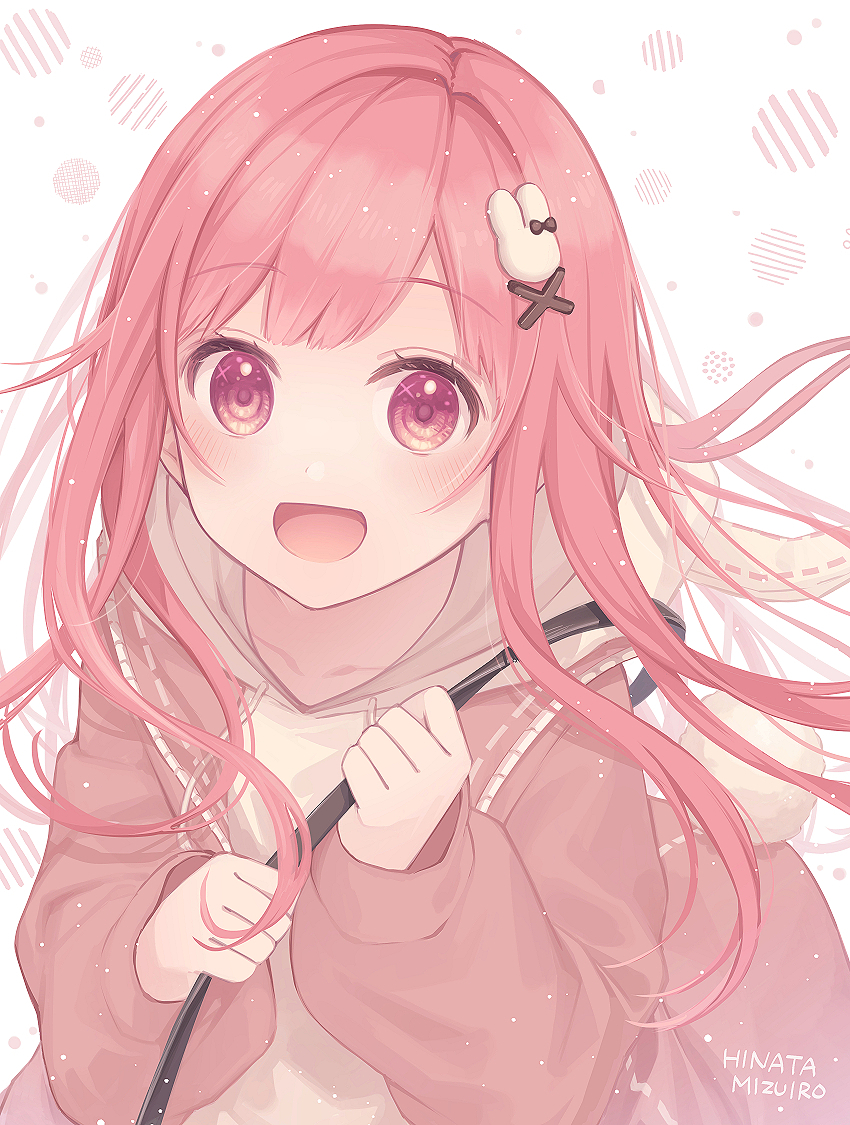 1girl, artist_name, bag, blush, cardigan, commentary_request, hair_ornament, hinata_mizuiro