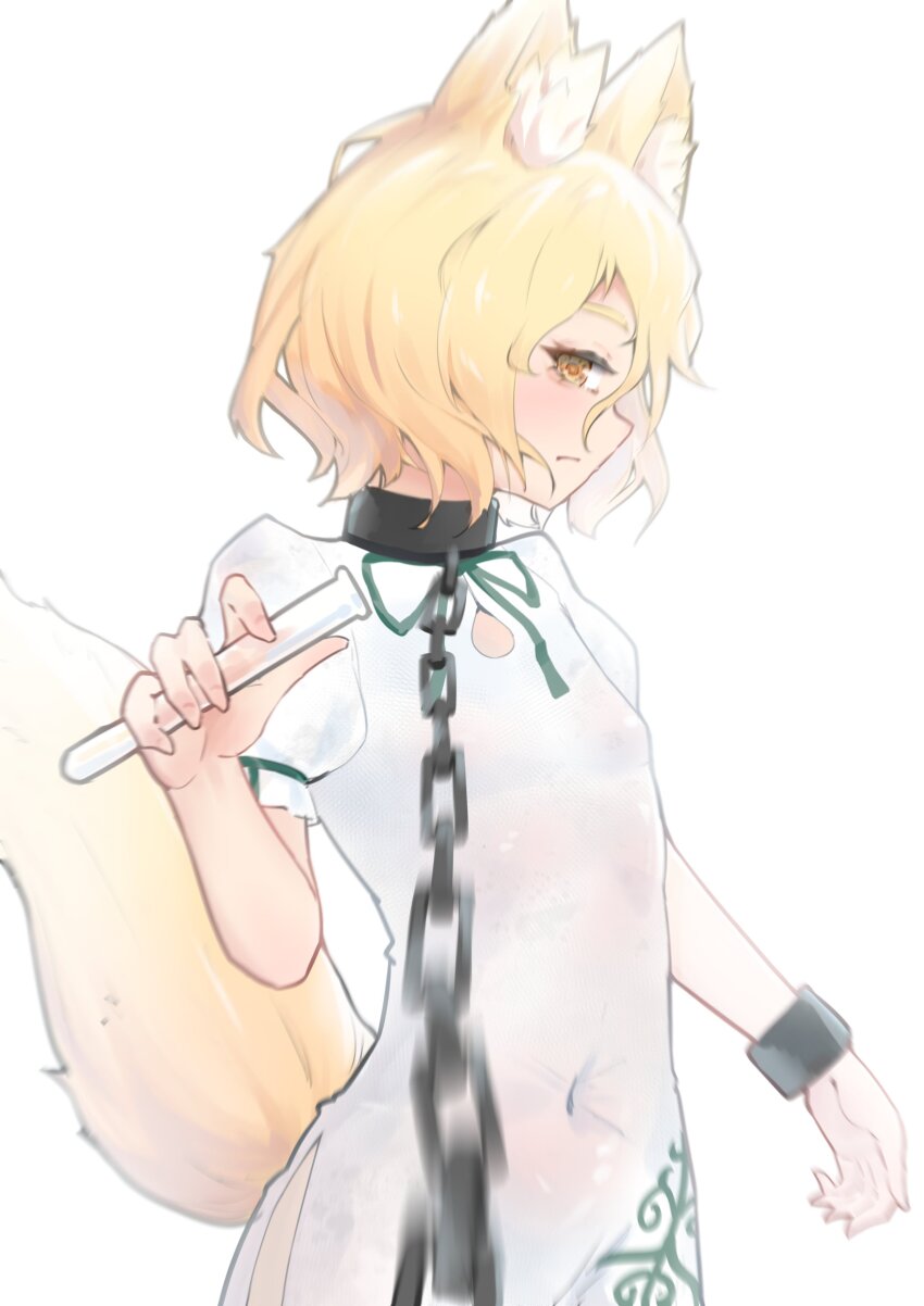 1girl, absurdres, animal_ears, blonde_hair, breasts, chain, chain_leash, chained