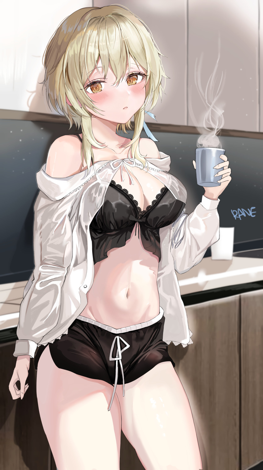 1girl, absurdres, alternate_costume, artist_name, bare_shoulders, black_bra, black_shorts, blonde_hair
