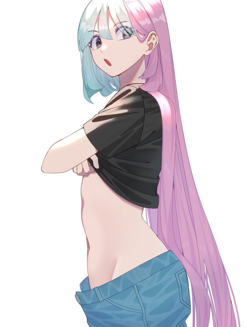 1girl, :o, alternate_costume, alternate_hairstyle, black_shirt, blue_hair, clothes_lift, cowboy_shot