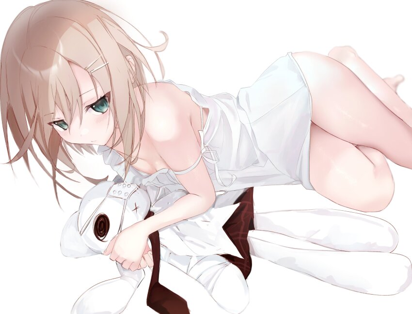 1girl, absurdres, barefoot, blue_eyes, blush, breasts, cleavage, closed_mouth