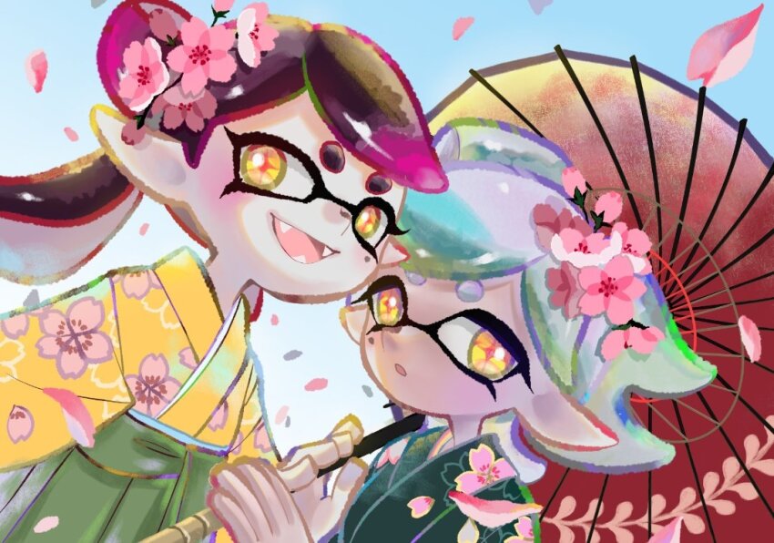 2girls, atataka_soranko, black_hair, blue_sky, callie_(splatoon), cherry_blossoms, commentary_request, cousins