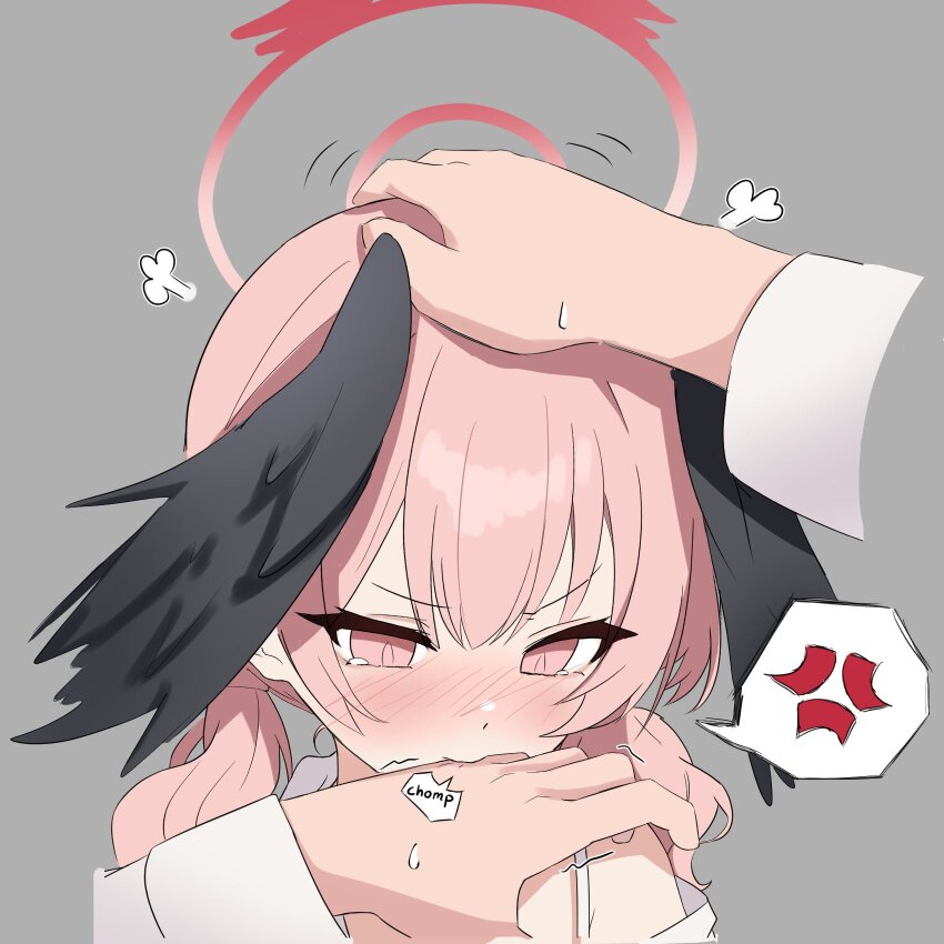 1boy, 1girl, anger_vein, angry, biting, biting_another's_hand, blue_archive, blush, collarbone, commentary, embarrassed, english_commentary, feathered_wings, genso_(thereisnosauce), hair_between_eyes, halo, head_wings, headpat, highres, koharu_(blue_archive), long_hair, long_sleeves, looking_at_viewer, out_of_frame, pink_eyes, pink_hair, pov, pov_hands, school_uniform, sensei_(blue_archive), serafuku, sidelocks, simple_background, spaghetti_strap, spoken_anger_vein, twintails, v-shaped_eyebrows, wings