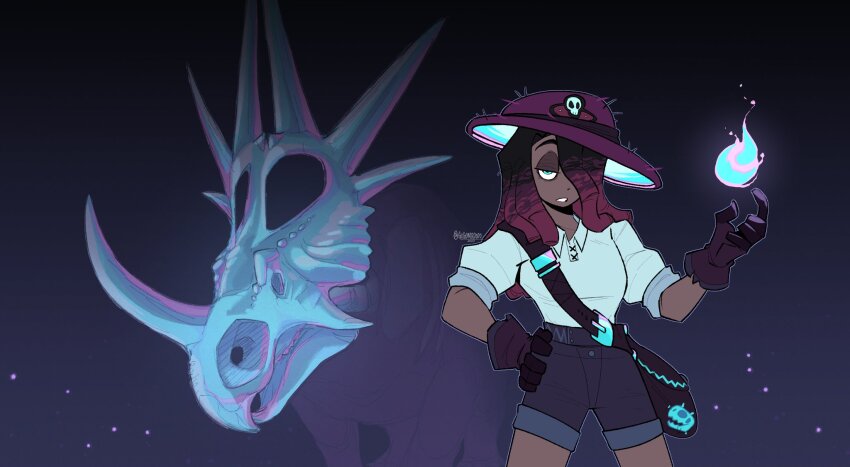 1girl, artist_name, bag, black_hair, blue_background, breasts, bug, dark-skinned_female