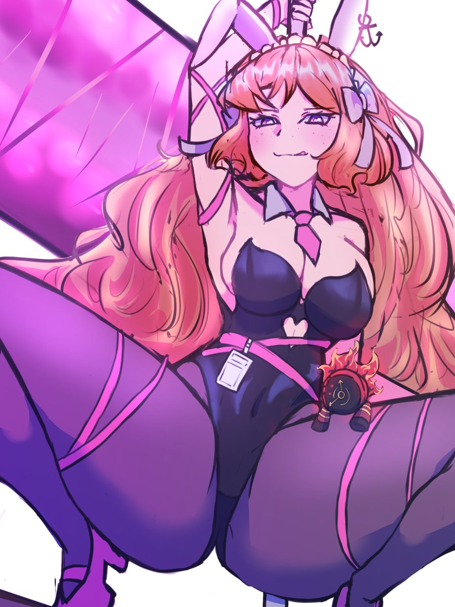 1girl, 2others, animal_ears, conicalart, dante_(limbus_company), e.g.o_(project_moon), high_heels, highres, ishmael_(project_moon), limbus_company, long_hair, looking_at_viewer, multiple_others, necktie, orange_hair, pantyhose, pink_ribbon, pink_shoes_(project_moon), playboy_bunny, project_moon, rabbit_ears, rabbit_hole_(vocaloid), ribbon, roseate_desire_(e.g.o), thick_thighs, thighs, tongue, tongue_out