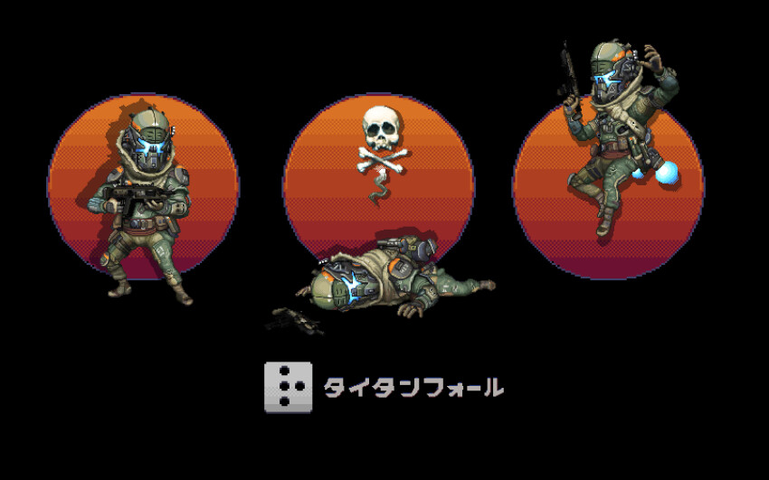 1boy, absurdres, assault_visor, blue_jacket, brown_gloves, copyright_name, death, gloves, green_pants, gun, helmet, highres, holding, holding_gun, holding_weapon, jacket, jumping, looking_ahead, multiple_views, official_art, pants, pilot_helmet, pixel_art, r-101c_carbine, rifle, shadow, shir0kuma, skull, titanfall, titanfall_(series), weapon