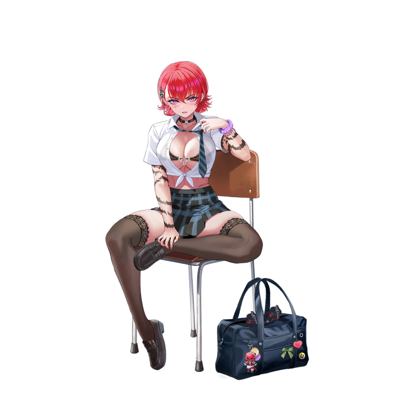 1girl, adjusting_clothes, adjusting_necktie, arm_tattoo, badge, bag, bead_bracelet, beads