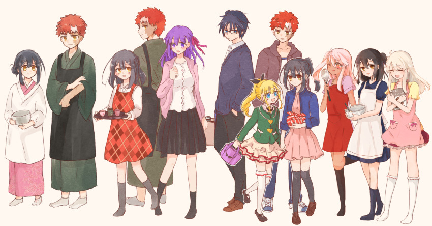 2boys, 5girls, :d, apron, bag, black_apron, black_hair, black_skirt