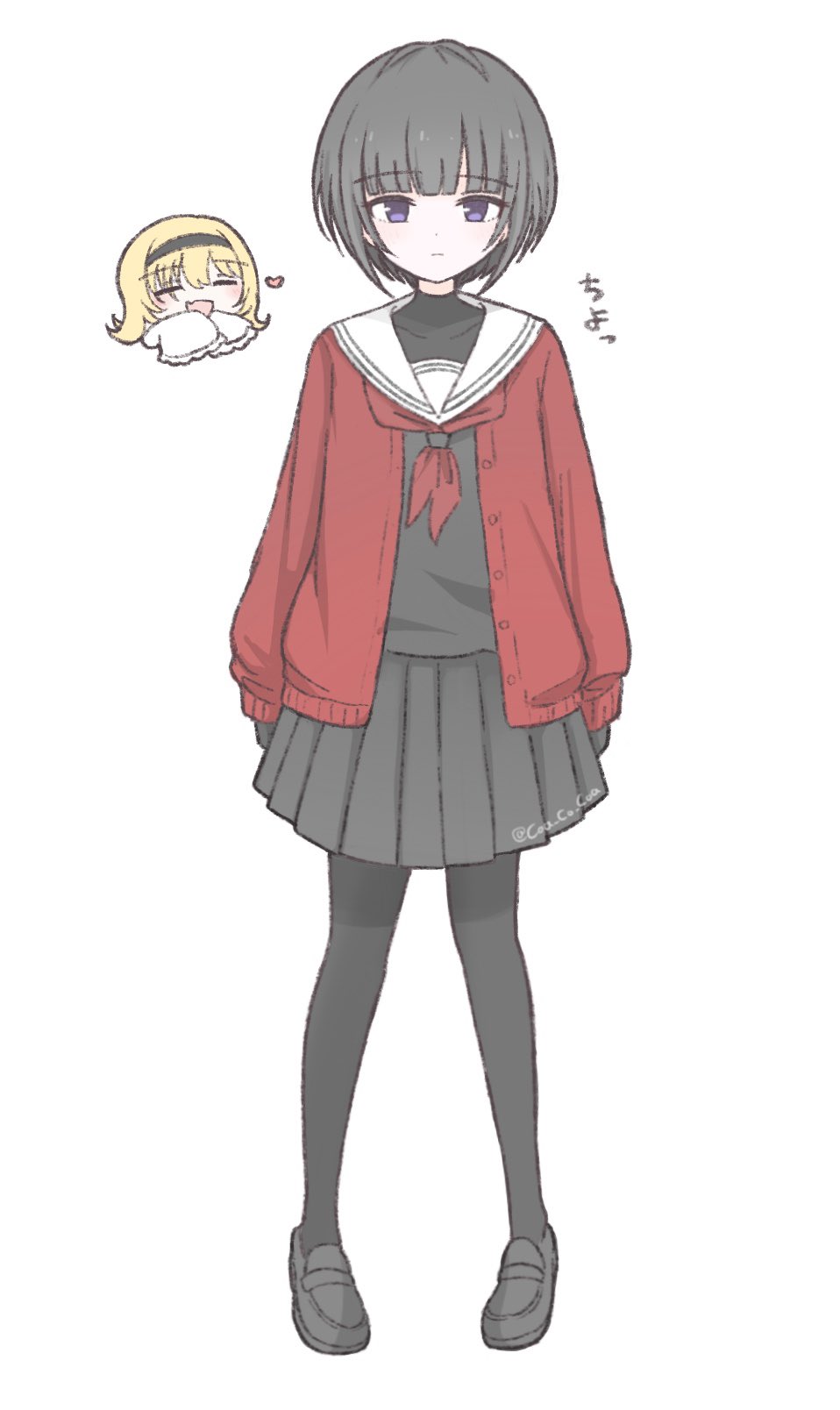 2girls, =_=, black_footwear, black_hair, black_pantyhose, black_serafuku, black_shirt, blush