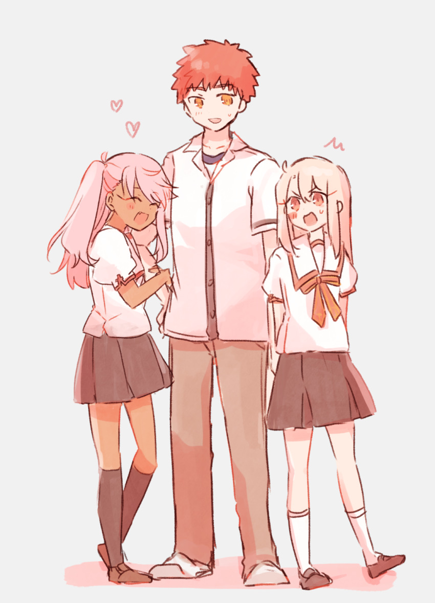 1boy, 2girls, arm_at_side, arm_hug, arms_behind_back, black_skirt, black_socks, blonde_hair