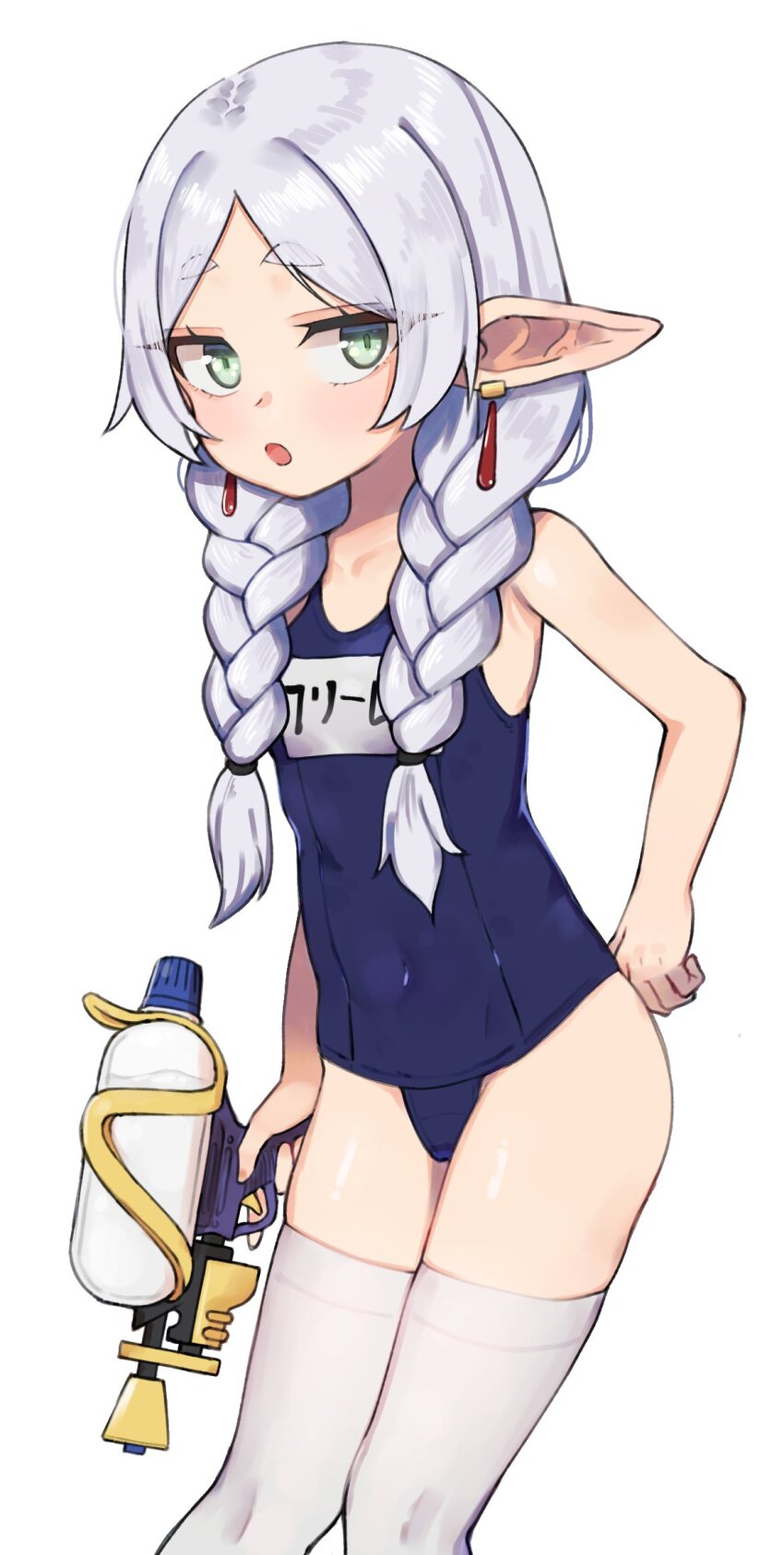 1girl, :o, braid, commentary_request, covered_navel, earrings, elf, eyelashes