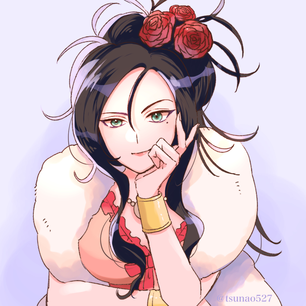 1girl, artist_name, black_hair, bracelet, breasts, closed_mouth, commentary_request, deborah_(dq5), dragon_quest, dragon_quest_v, flower, gold_bracelet, gradient_background, green_eyes, hair_between_eyes, hair_flower, hair_ornament, jewelry, large_breasts, long_hair, mole, mole_under_eye, pink_lips, purple_background, red_flower, red_rose, rose, simple_background, smile, solo, tsunao527, twitter_username, upper_body