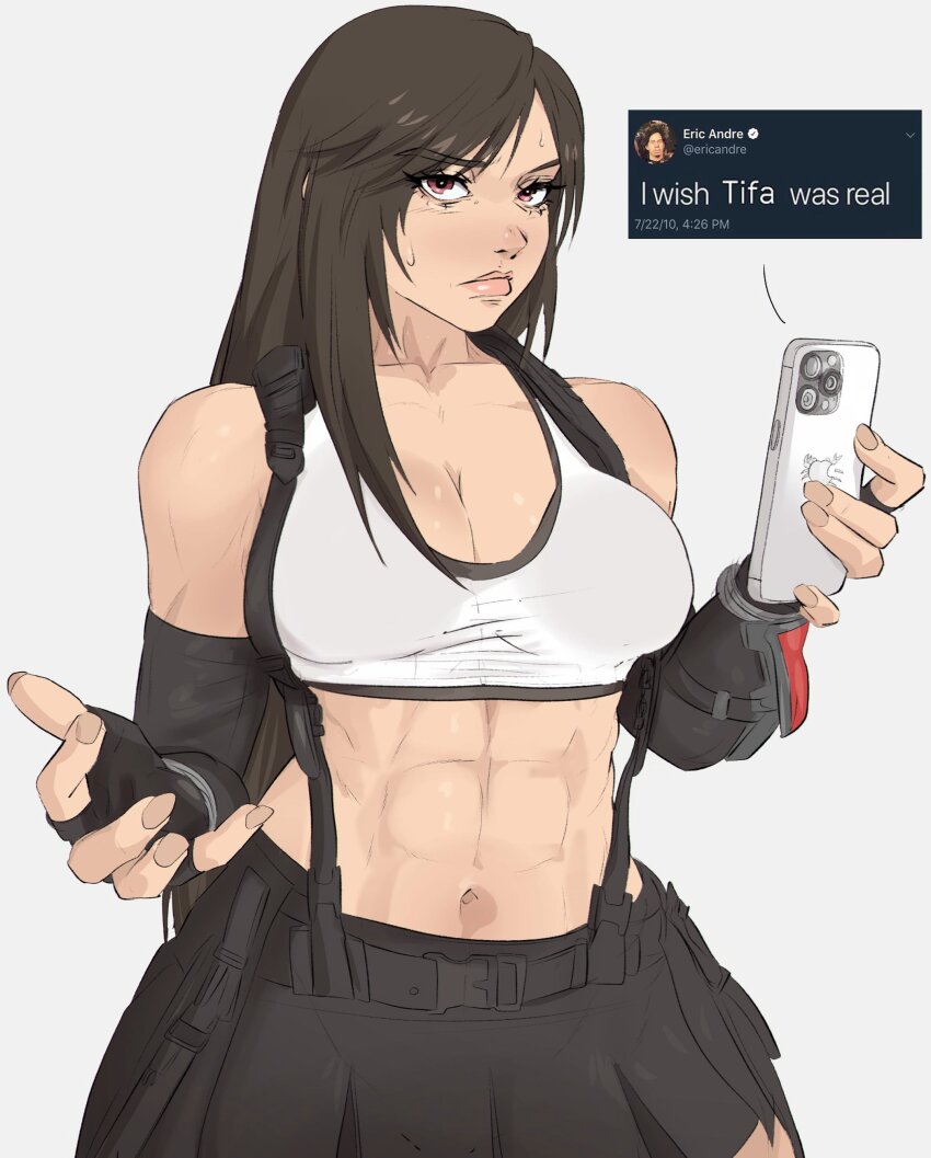 1girl, abs, absurdres, bare_shoulders, belt, black_belt, black_gloves, black_hair, black_skirt, body_blush, breasts, brown_hair, cellphone, checkmark, cleavage, collarbone, crop_top, crossover, english_text, eric_andre, female_focus, final_fantasy, final_fantasy_vii, fingerless_gloves, frown, gloves, grey_background, highres, holding, holding_phone, iphone, large_breasts, linea_alba, logo_parody, long_hair, looking_at_viewer, meme, midriff, muscular, muscular_female, navel, obliques, phone, pink_eyes, red_eyes, screenshot_inset, shirt, simple_background, skirt, smartphone, solo, standing, suspender_skirt, suspenders, tank_top, tifa_lockhart, tweet, twitter, upper_body, white_shirt, white_tank_top, yoracrab