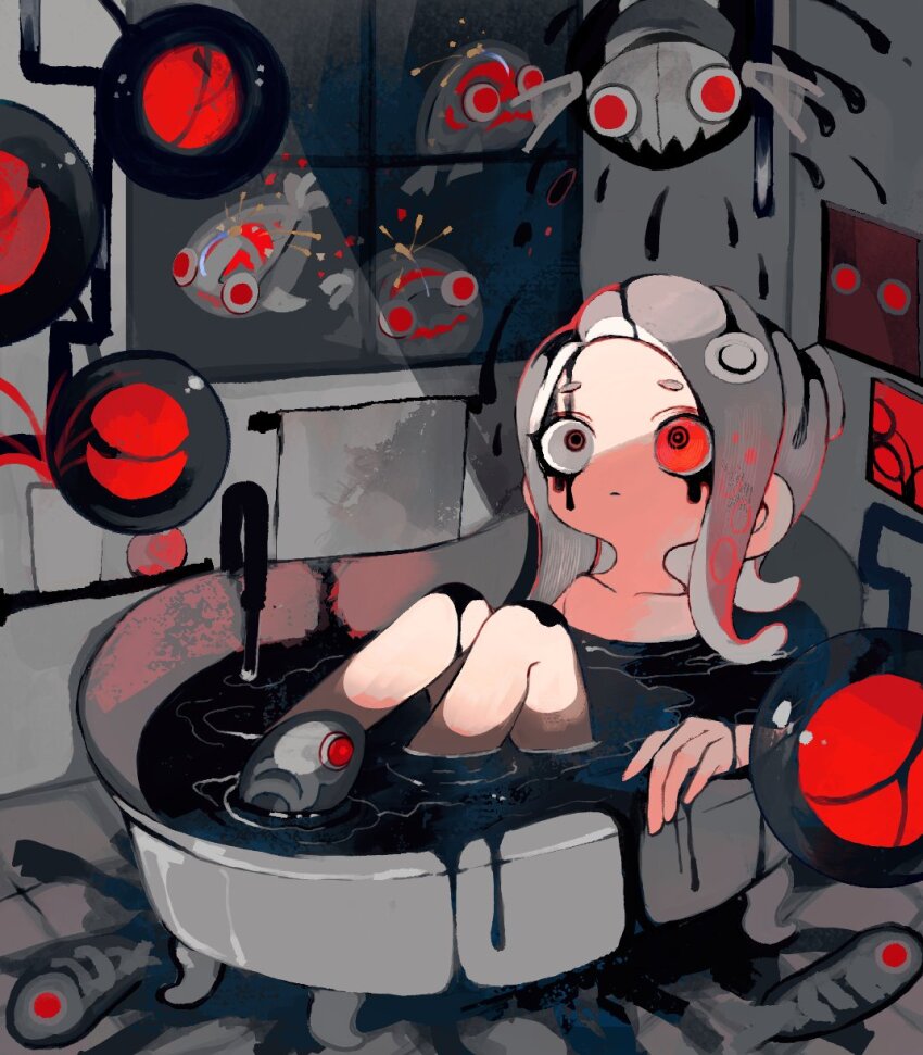 1girl, agent_8_(splatoon), bathtub, closed_mouth, collarbone, commentary_request, constricted_pupils, drizzling_cappriccioso, fish, fish_skeleton, gradient_hair, grey_hair, highres, homing_arpeggio, indoors, jelleton, li04r, medium_hair, multicolored_hair, nintendo, octoling, octoling_girl, octoling_player_character, red_eyes, red_hair, spawning_accordo, splatoon_(series), splatoon_3, splatoon_3:_side_order, swarming_languendo, tentacle_hair, two-tone_hair, window