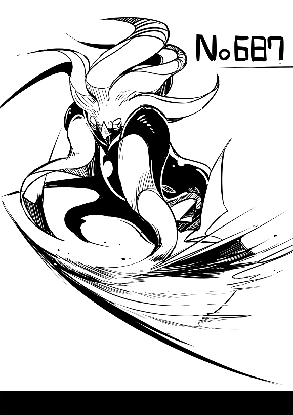 animal_focus, full_body, gen_6_pokemon, looking_at_viewer, malamar, monochrome, nintendo, numbered, pokedex_number, pokemon, pokemon_(creature), sasanoha_(chikurin_no_tami), shaded_face, simple_background, solo, tentacles