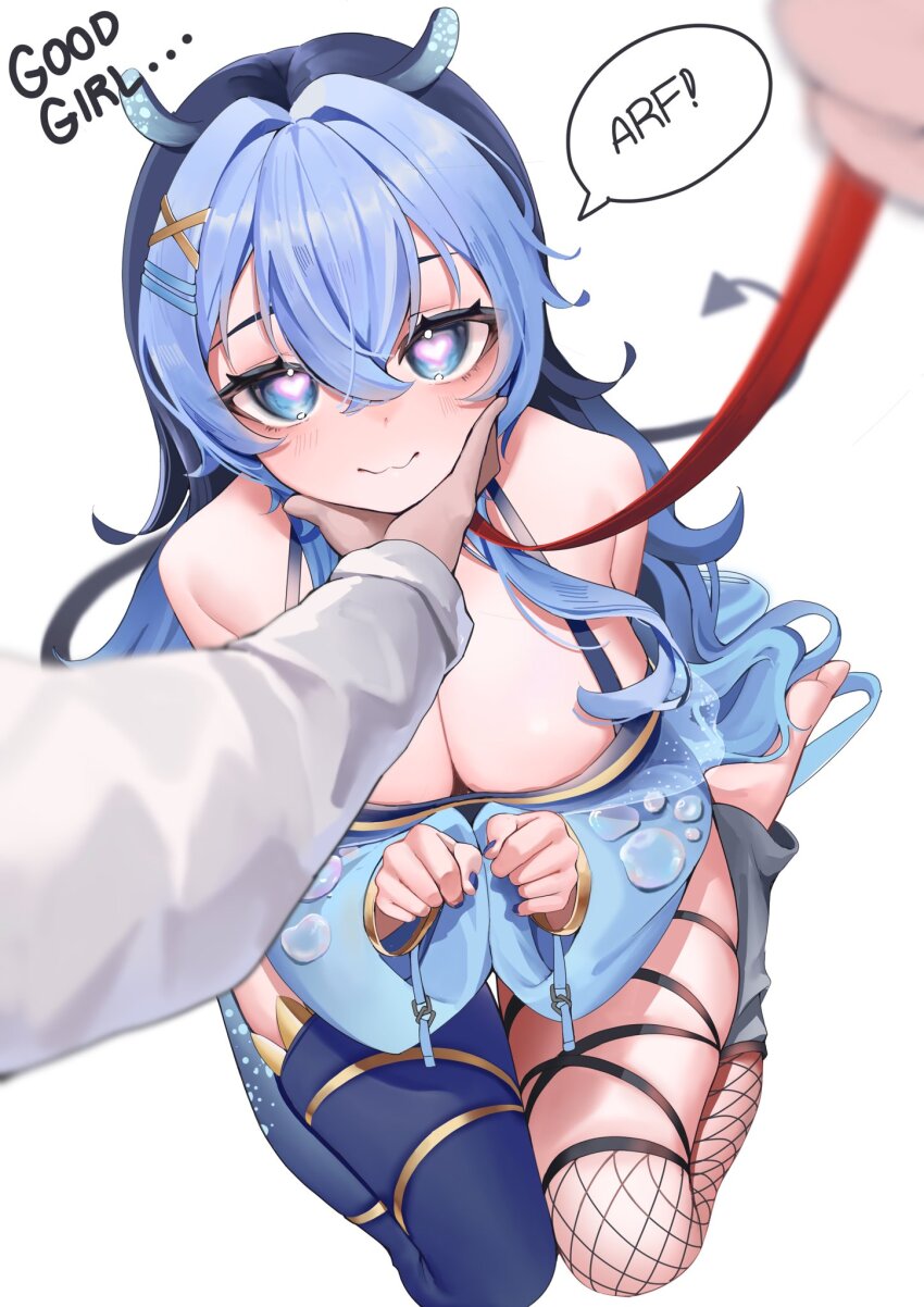 1girl, asymmetrical_legwear, bare_shoulders, black_hair, blue_eyes, blue_hair, blue_nails, blue_sleeves, blue_thighhighs, breasts, bubble, closed_mouth, commentary, commission, english_commentary, english_text, fishnet_thighhighs, fishnets, gradient_hair, hair_between_eyes, hand_on_another's_chin, heart, heart-shaped_pupils, highres, holding, holding_leash, indie_virtual_youtuber, kneeling, large_breasts, leash, long_hair, manta_ray_girl, mismatched_legwear, multicolored_hair, nail_polish, rei_stingray, single_fishnet_legwear, speech_bubble, symbol-shaped_pupils, thighhighs, two-tone_hair, vgen_commission, viewer_holding_leash, virtual_youtuber, white_sleeves, yoshiii