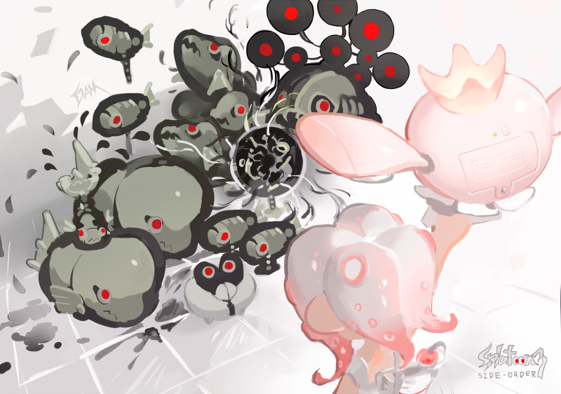 1girl, agent_8_(splatoon), battering_lento, commentary, copyright_name, crown, drizzling_cappriccioso, drone