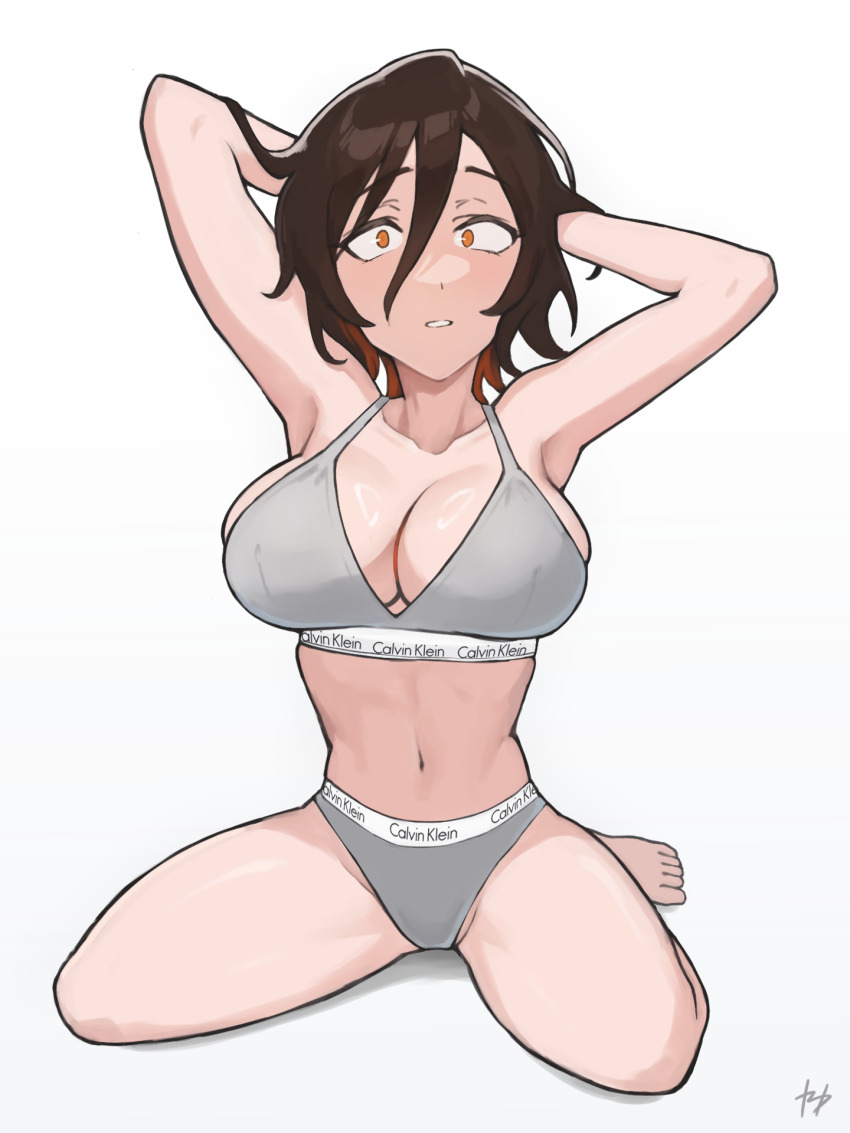 1girl, armpits, arms_behind_head, asai_akira, bra, breasts, brown_hair, calvin_klein, cleavage, clothes_writing, fukuya_art, grey_bra, grey_panties, hair_between_eyes, highres, kneeling, large_breasts, navel, orange_eyes, panties, simple_background, solo, underwear, underwear_only, underwear_writing, white_background, yofukashi_no_uta
