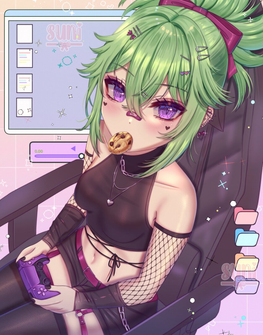 1girl, absurdres, black_thighhighs, blush, breasts, chair, controller, cookie
