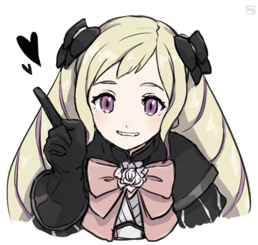 1girl, aristocratic_clothes, blonde_hair, bow, drill_hair, elise_(fire_emblem), fire_emblem, fire_emblem_fates, heart, highres, multicolored_hair, nintendo, pink_bow, purple_eyes, purple_hair, streaked_hair, twin_drills, twintails, upper_body, yuki12046
