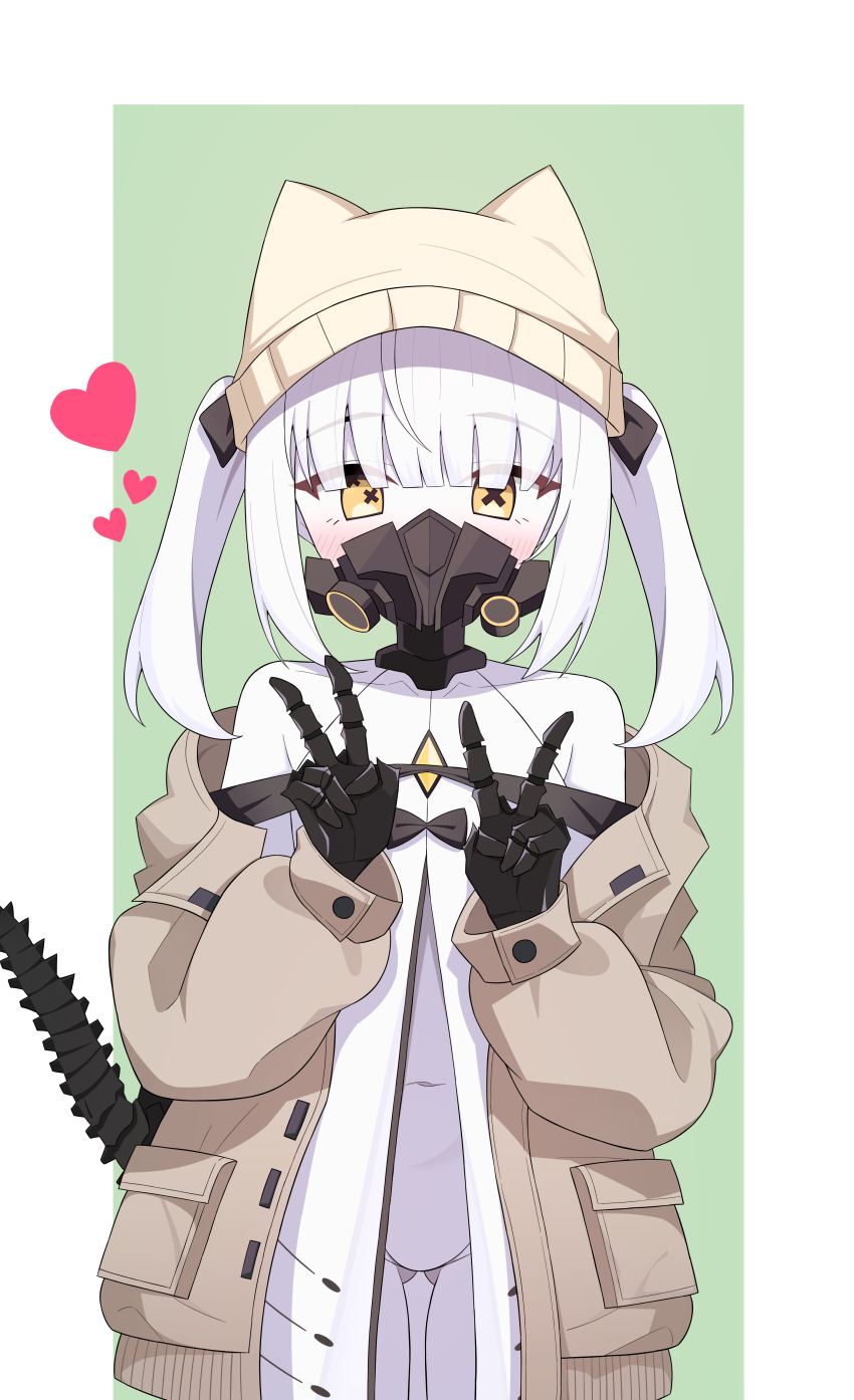 1girl, absurdres, black_mask, blue_archive, blush, brown_jacket, cowboy_shot, double_v
