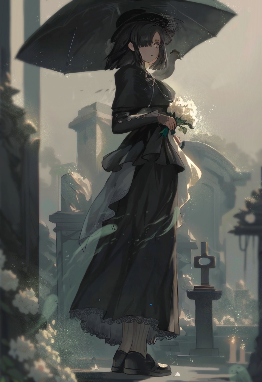 1girl, absurdres, black_dress, black_footwear, black_hair, black_hat, bouquet, dress