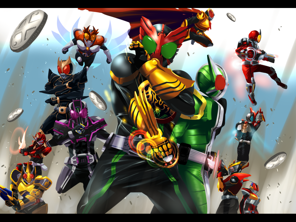 6+boys, arm_up, bad_id, bad_pixiv_id, belt, bodysuit, buckle, cowboy_shot, denji_(mugitomato), kamen_rider, kamen_rider_555, kamen_rider_agito, kamen_rider_agito_(series), kamen_rider_agito_(shining_form), kamen_rider_armed_hibiki, kamen_rider_blade, kamen_rider_blade_(king_form), kamen_rider_blade_(series), kamen_rider_dcd, kamen_rider_decade, kamen_rider_decade_complete_form, kamen_rider_den-o, kamen_rider_den-o_(series), kamen_rider_faiz, kamen_rider_faiz_(blaster_form), kamen_rider_hibiki, kamen_rider_hibiki_(series), kamen_rider_kabuto, kamen_rider_kabuto_(hyper_form), kamen_rider_kabuto_(series), kamen_rider_kiva, kamen_rider_kiva_(emperor_form), kamen_rider_kiva_(series), kamen_rider_kuuga, kamen_rider_kuuga_(series), kamen_rider_kuuga_(ultimate_form), kamen_rider_ooo, kamen_rider_ooo_(series), kamen_rider_ryuki, kamen_rider_ryuki_(series), kamen_rider_ryuki_survive, kamen_rider_w, letterboxed, looking_at_viewer, male_focus, multiple_boys, red_eyes