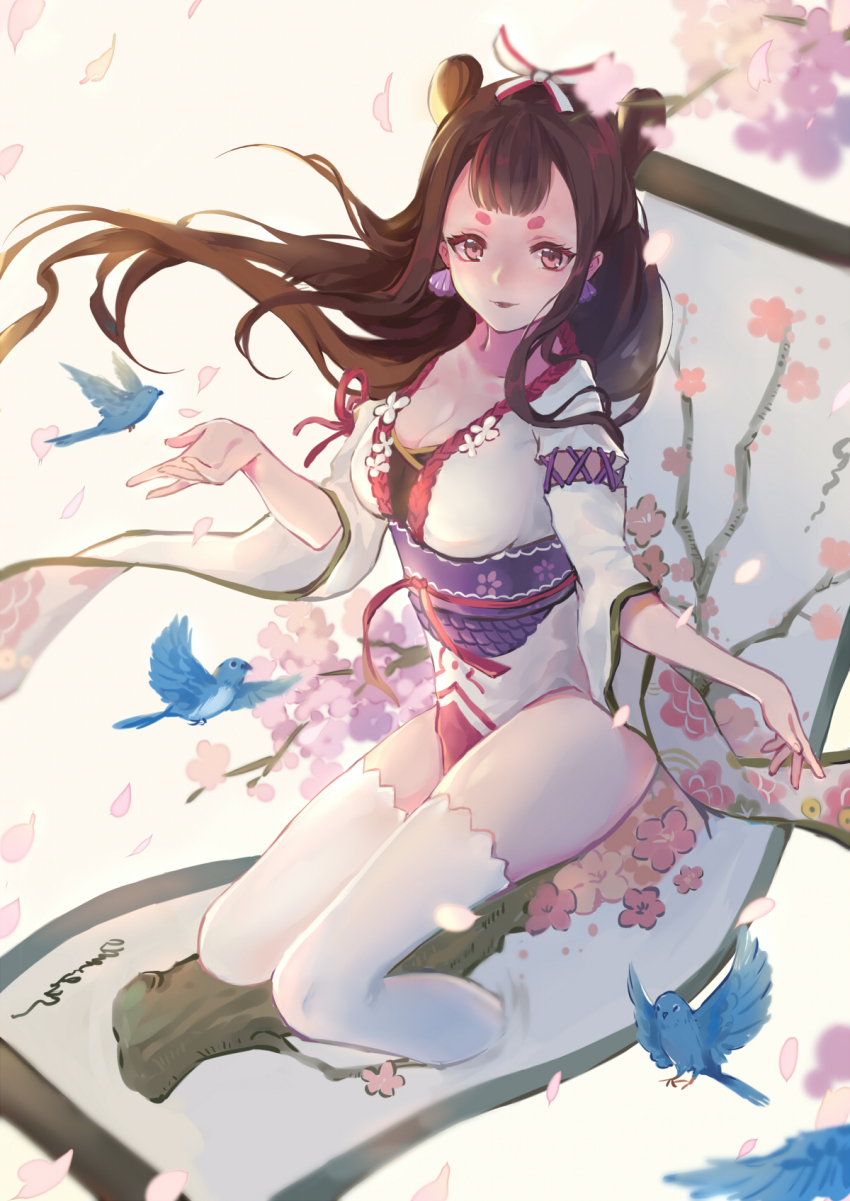 1girl, bird, breasts, brown_eyes, brown_hair, cherry_blossoms, cleavage, collarbone